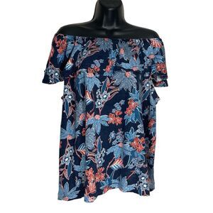 J Jill Top Womens 2X Love Linen Floral Short Sleeve Shirt Blue Coastal Boho